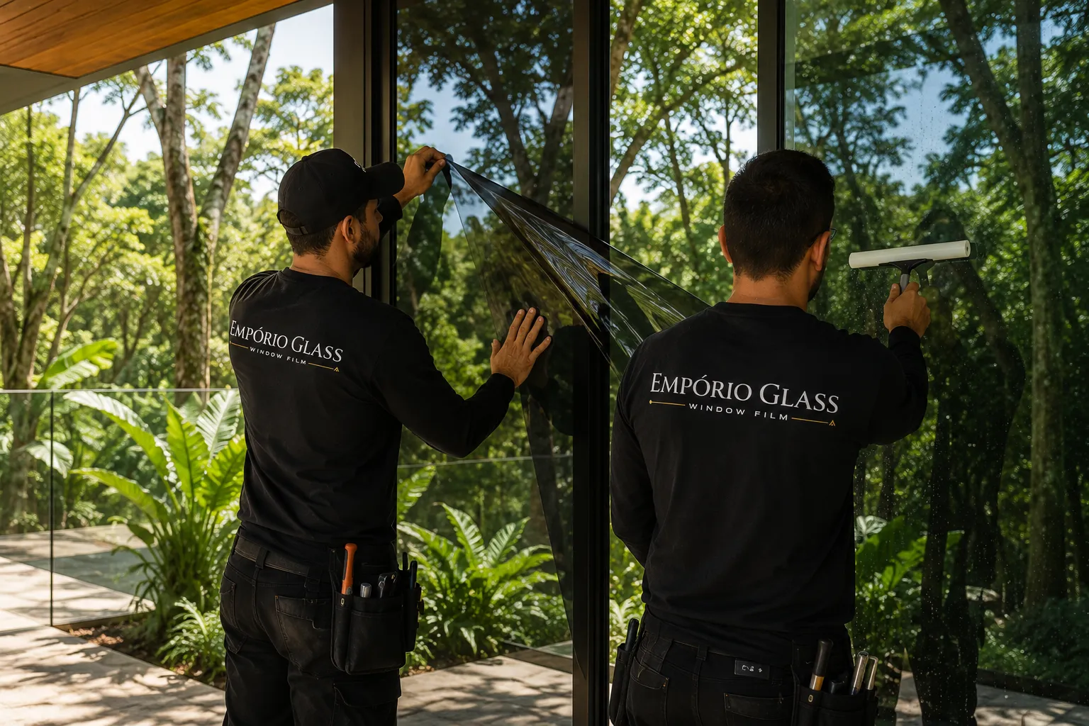 Equipe Empório Glass aplicando película em fachada de vidro