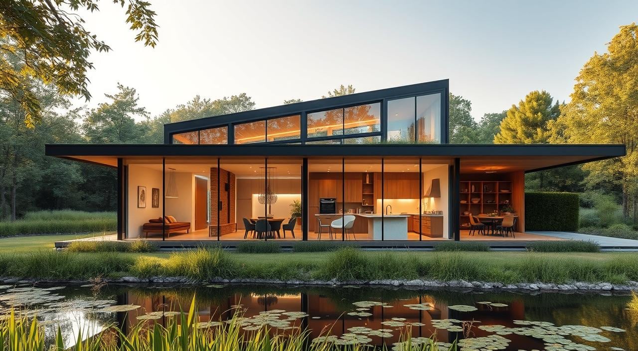 Casa moderna horizontal com grandes panos de vidro à beira de um lago