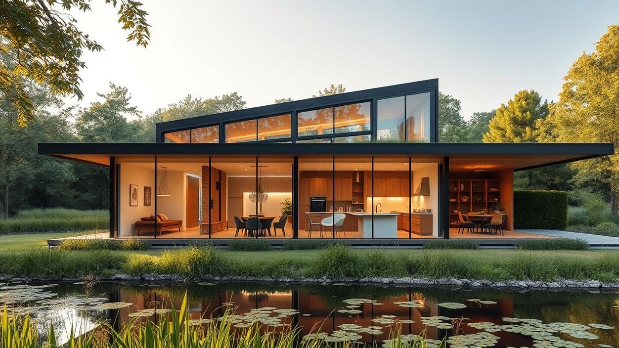 Casa de vidro moderna integrada ao lago e ao jardim, ao entardecer